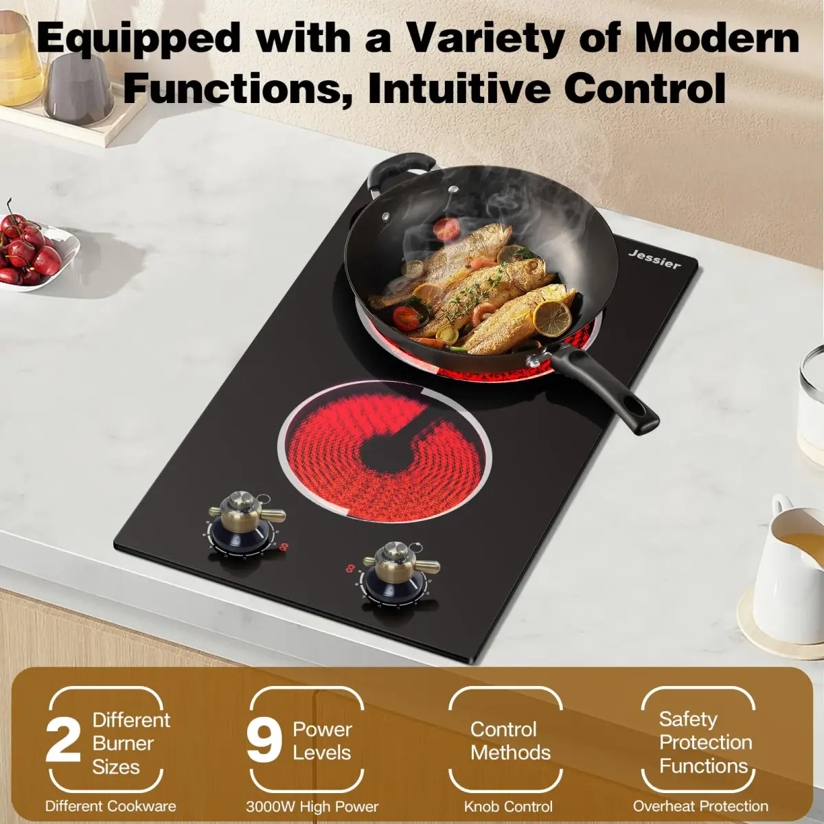 Jessier 2 Burner Electric Cooktop 3000W 220V | 15.6 cm (6.1 in) x 52.1 cm (20.5 in) x 2.9 cm (1.1 in) - view 4