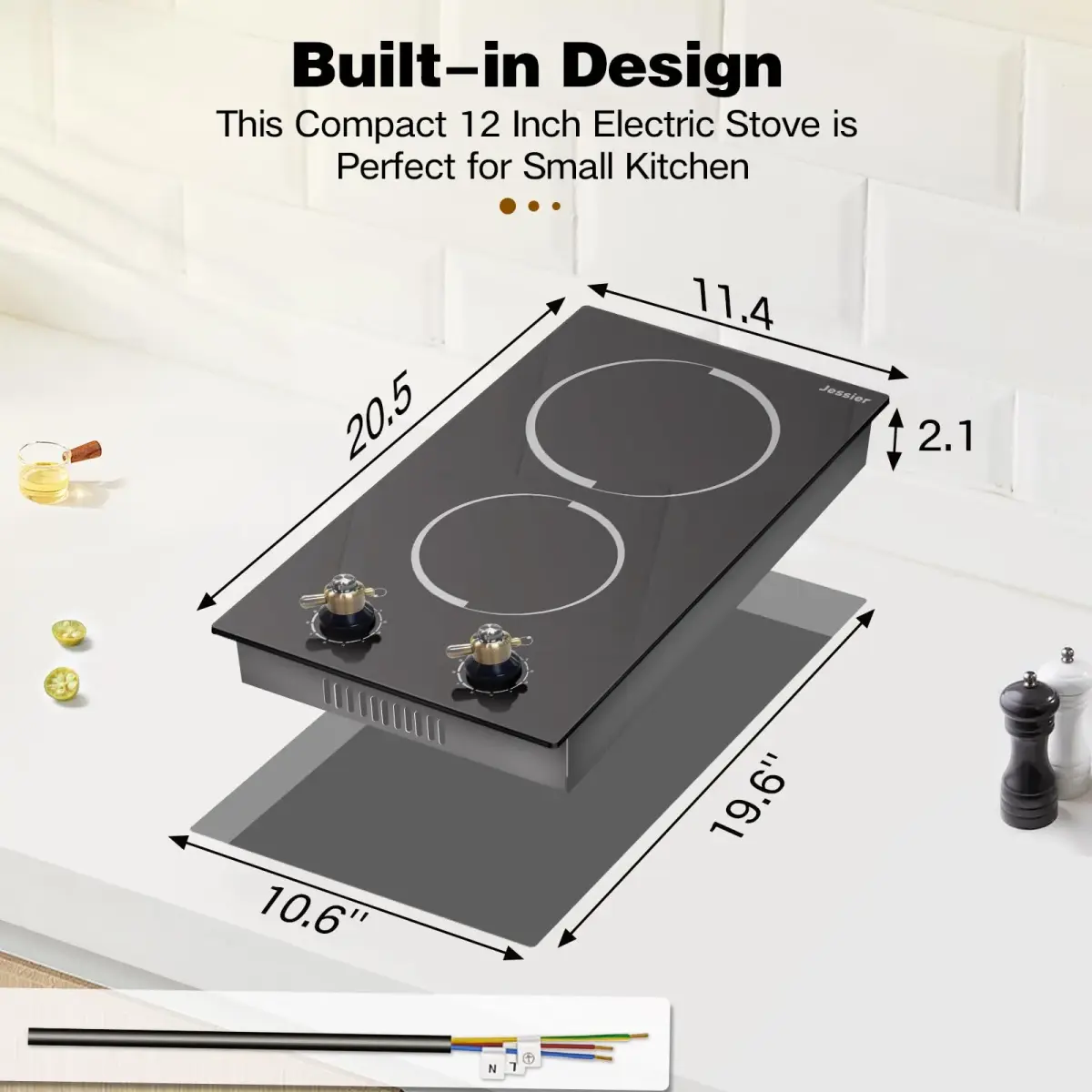 Jessier 2 Burner Electric Cooktop 3000W 220V | 15.6 cm (6.1 in) x 52.1 cm (20.5 in) x 2.9 cm (1.1 in) - view 7
