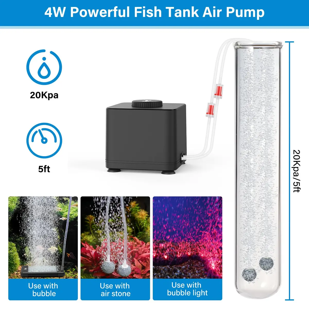 hygger Quiet Adjustable Aquarium Air Pump 4W Dual Outlet with Air Stones & Check Valves | 360 L/H (95 GPH) x 2 - view 6