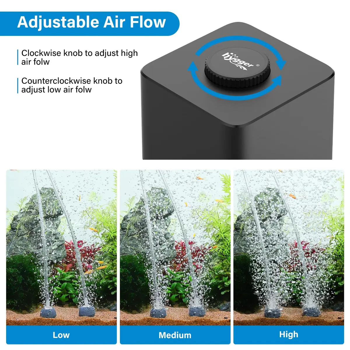hygger Quiet Adjustable Aquarium Air Pump 4W Dual Outlet with Air Stones & Check Valves | 360 L/H (95 GPH) x 2 - view 2