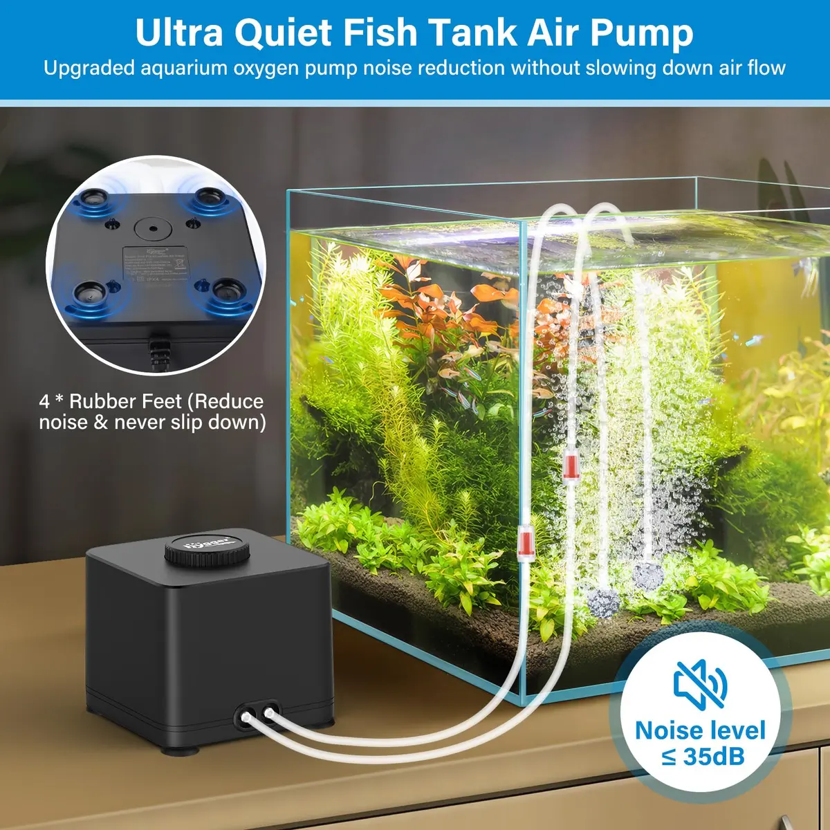hygger Quiet Adjustable Aquarium Air Pump 4W Dual Outlet with Air Stones & Check Valves | 360 L/H (95 GPH) x 2 - view 3