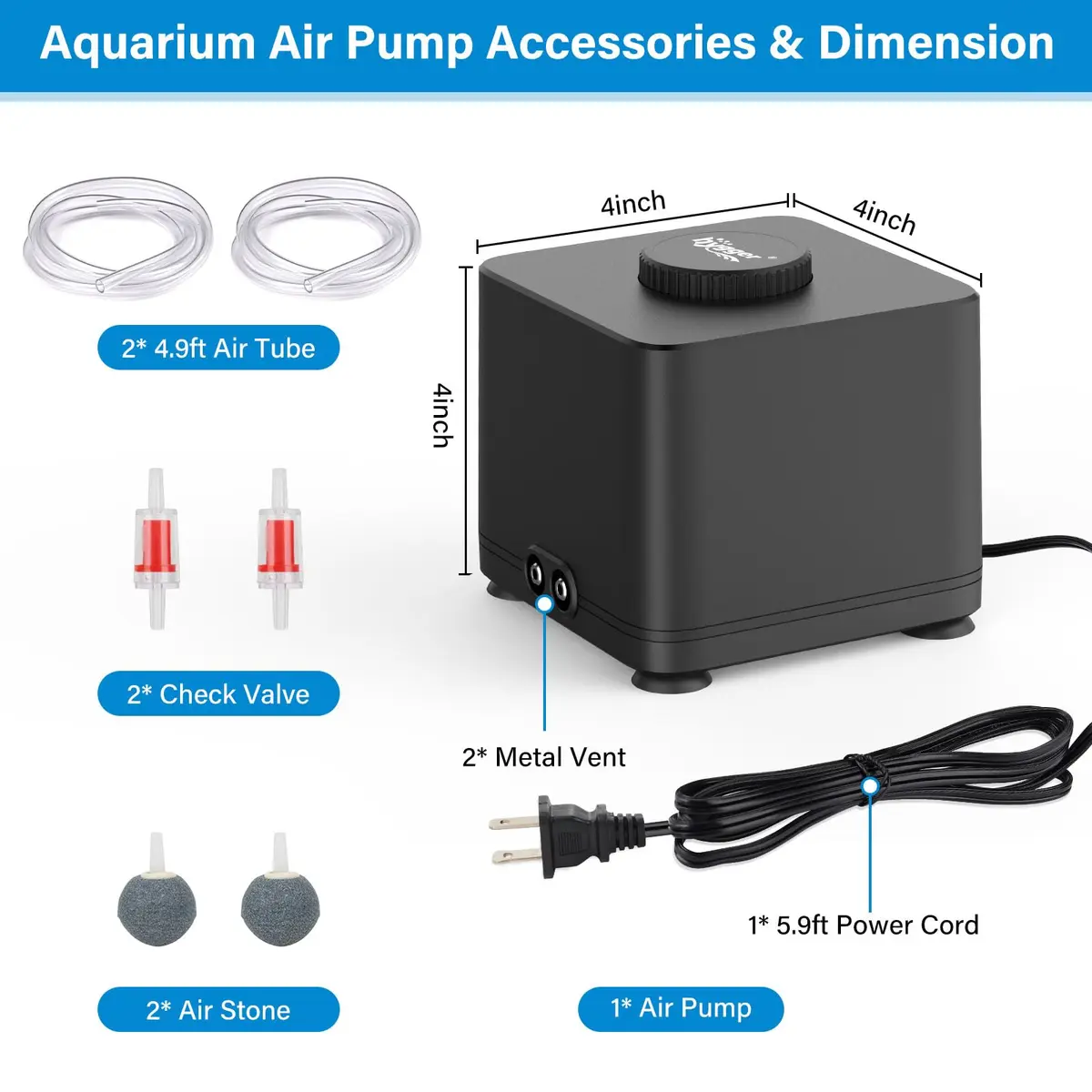 hygger Quiet Adjustable Aquarium Air Pump 4W Dual Outlet with Air Stones & Check Valves | 360 L/H (95 GPH) x 2 - view 4