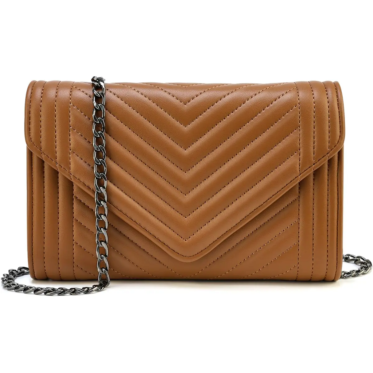 Voikukka Small Brown Leather Crossbody Purse for Women | Quilted Faux Leather with Chain Strap - main product image