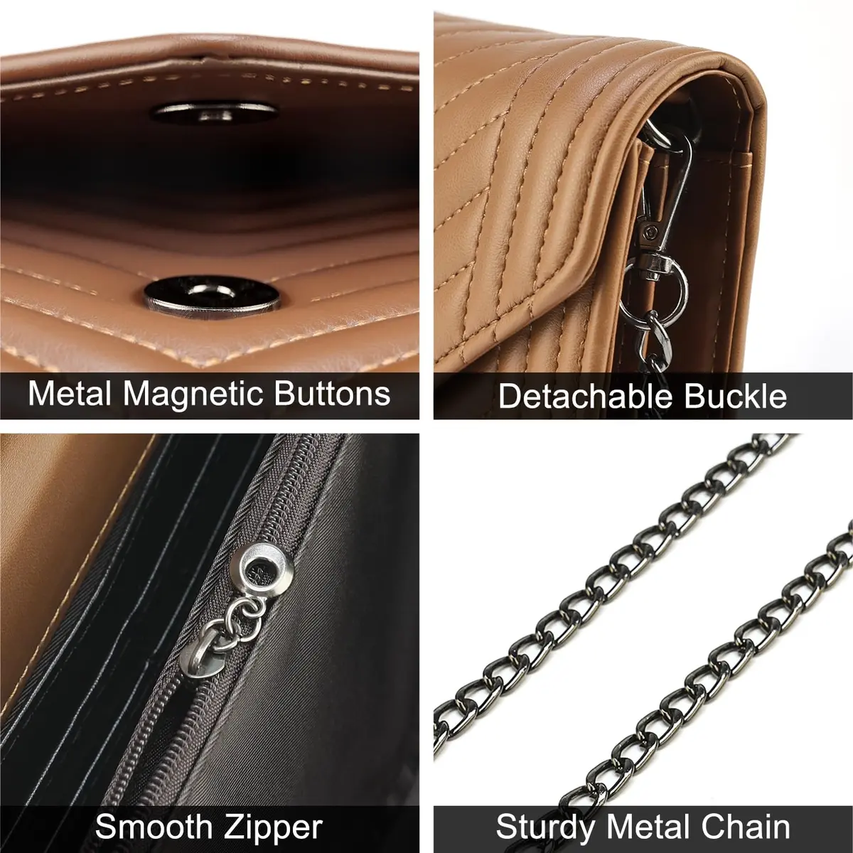 Voikukka Small Brown Leather Crossbody Purse for Women | Quilted Faux Leather with Chain Strap - view 5
