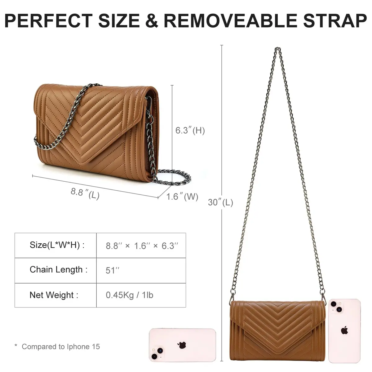 Voikukka Small Brown Leather Crossbody Purse for Women | Quilted Faux Leather with Chain Strap - view 6