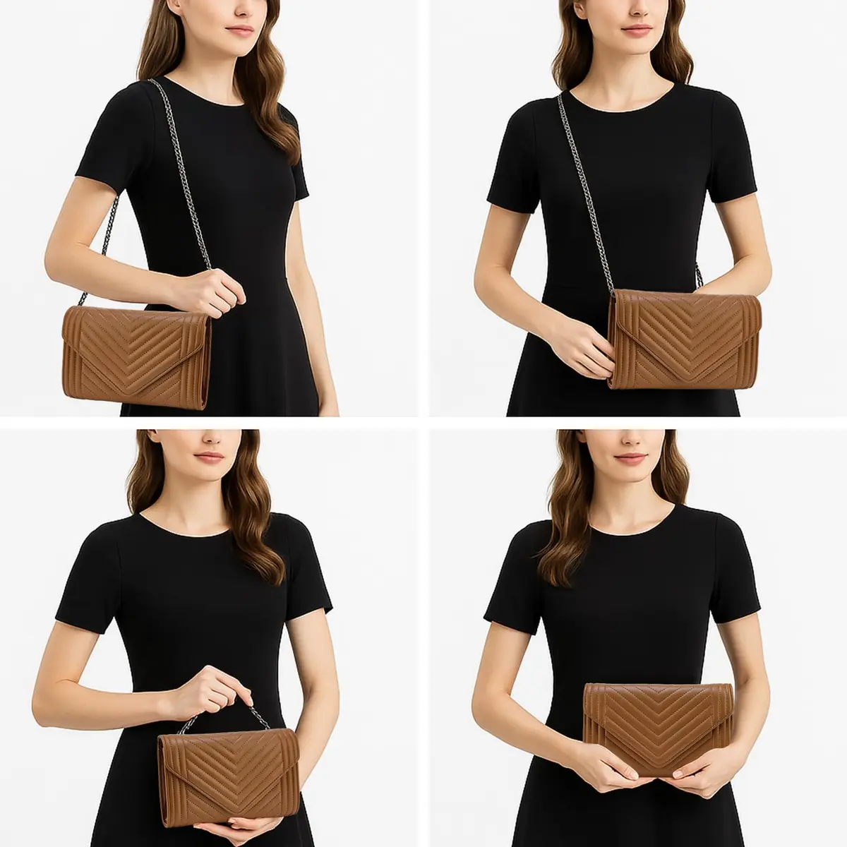 Voikukka Small Brown Leather Crossbody Purse for Women | Quilted Faux Leather with Chain Strap - view 7
