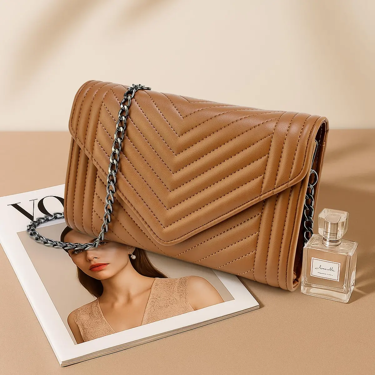 Voikukka Small Brown Leather Crossbody Purse for Women | Quilted Faux Leather with Chain Strap - view 8