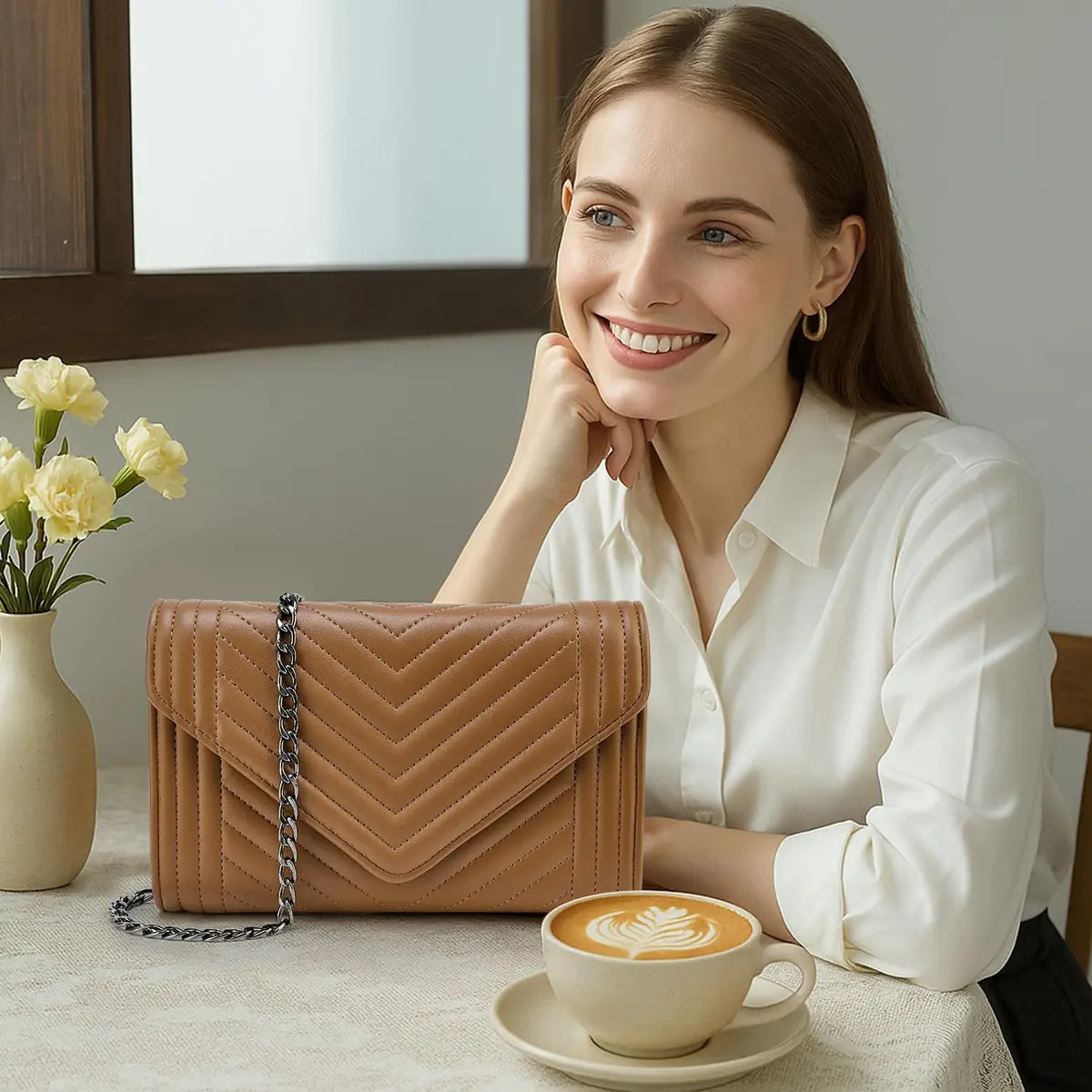 Voikukka Small Brown Leather Crossbody Purse for Women | Quilted Faux Leather with Chain Strap - view 9
