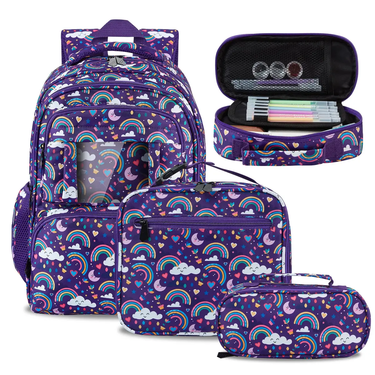 FYHMDC Kids Backpack for Girls,3Pcs Waterproof Toddler Backpacks with Lunch Box & Pencil Pouch - Lightweight School Backpack Purple Bookbag for Ages 3+ Elementary Middle School Teens - Rainbow | Water-Resistant & Spacious - main product image