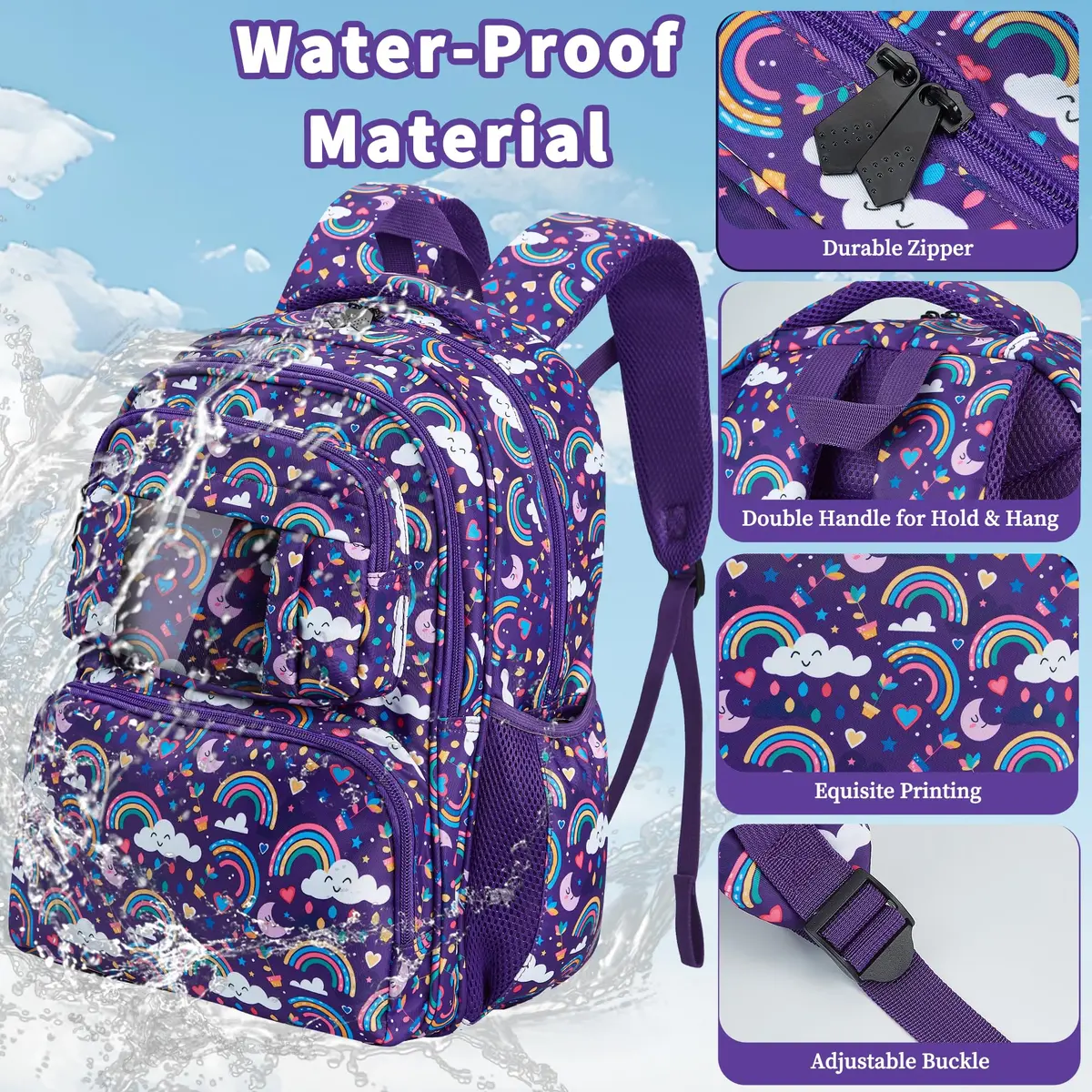 FYHMDC Kids Backpack for Girls,3Pcs Waterproof Toddler Backpacks with Lunch Box & Pencil Pouch - Lightweight School Backpack Purple Bookbag for Ages 3+ Elementary Middle School Teens - Rainbow | Water-Resistant & Spacious - view 5