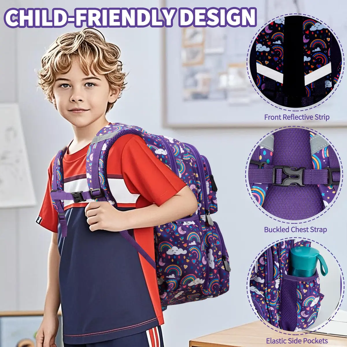 FYHMDC Kids Backpack for Girls,3Pcs Waterproof Toddler Backpacks with Lunch Box & Pencil Pouch - Lightweight School Backpack Purple Bookbag for Ages 3+ Elementary Middle School Teens - Rainbow | Water-Resistant & Spacious - view 6