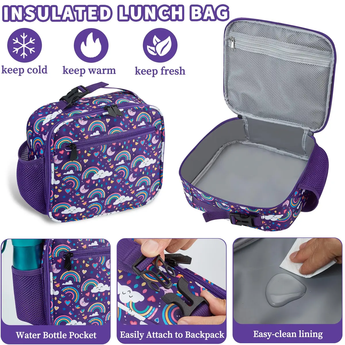 FYHMDC Kids Backpack for Girls,3Pcs Waterproof Toddler Backpacks with Lunch Box & Pencil Pouch - Lightweight School Backpack Purple Bookbag for Ages 3+ Elementary Middle School Teens - Rainbow | Water-Resistant & Spacious - view 7