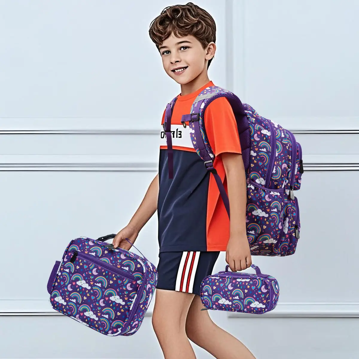 FYHMDC Kids Backpack for Girls,3Pcs Waterproof Toddler Backpacks with Lunch Box & Pencil Pouch - Lightweight School Backpack Purple Bookbag for Ages 3+ Elementary Middle School Teens - Rainbow | Water-Resistant & Spacious - view 8