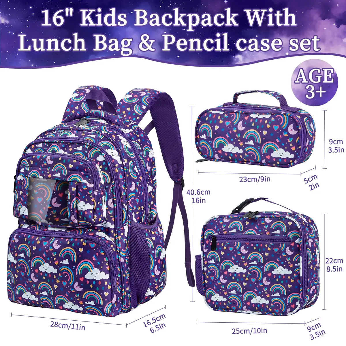 FYHMDC Kids Backpack for Girls,3Pcs Waterproof Toddler Backpacks with Lunch Box & Pencil Pouch - Lightweight School Backpack Purple Bookbag for Ages 3+ Elementary Middle School Teens - Rainbow | Water-Resistant & Spacious - view 2