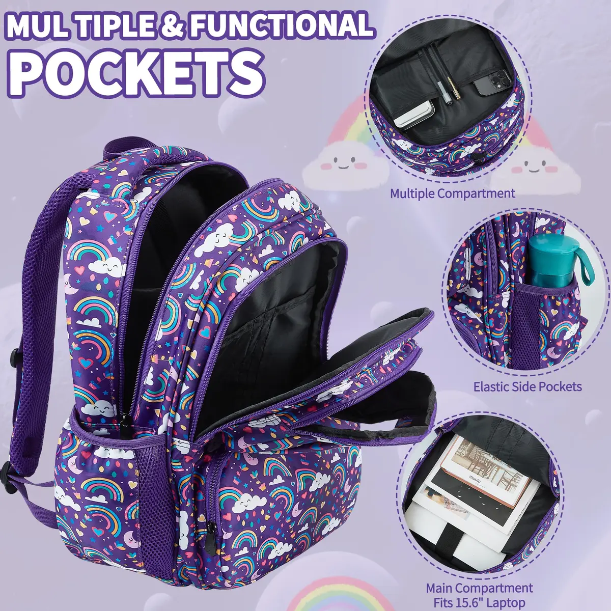 FYHMDC Kids Backpack for Girls,3Pcs Waterproof Toddler Backpacks with Lunch Box & Pencil Pouch - Lightweight School Backpack Purple Bookbag for Ages 3+ Elementary Middle School Teens - Rainbow | Water-Resistant & Spacious - view 3