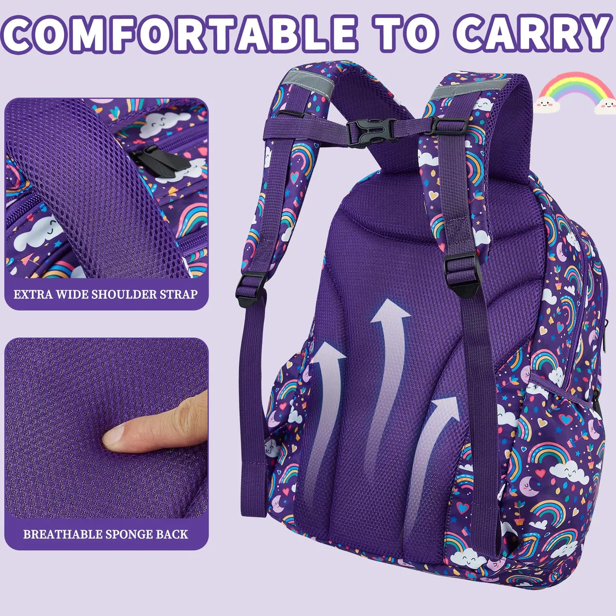 FYHMDC Kids Backpack for Girls,3Pcs Waterproof Toddler Backpacks with Lunch Box & Pencil Pouch - Lightweight School Backpack Purple Bookbag for Ages 3+ Elementary Middle School Teens - Rainbow | Water-Resistant & Spacious - view 4