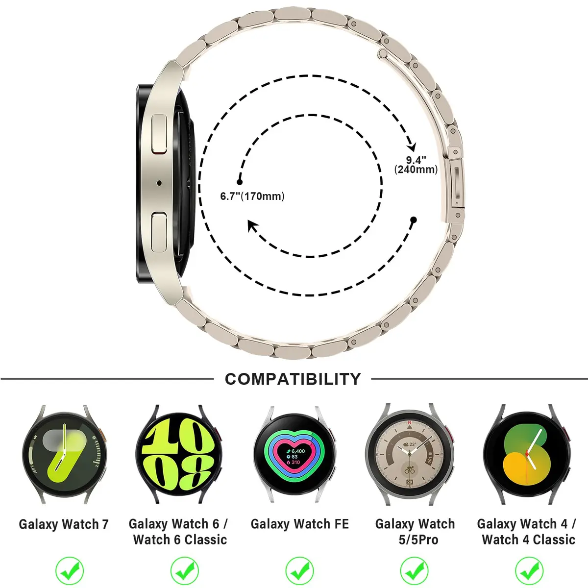 Anlinser No Gap Metal Watch Band Compatible with Samsung Galaxy Watch 7/6/5/4/FE 40mm 44mm 45mm 47mm | Stainless Steel Starlight - view 5
