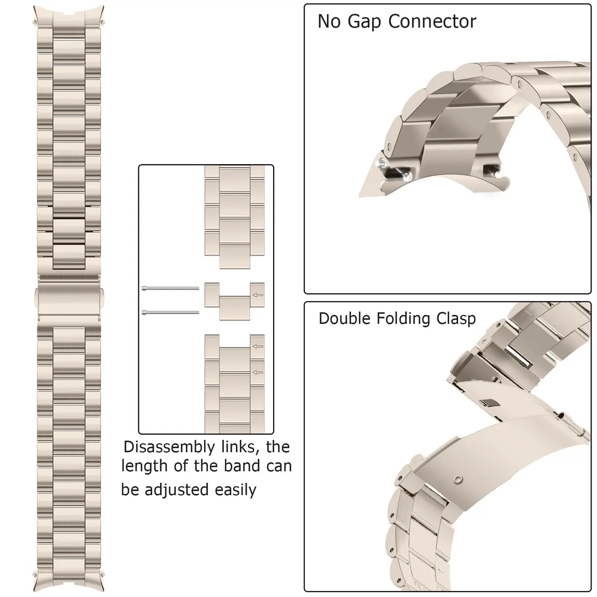 Anlinser No Gap Metal Watch Band Compatible with Samsung Galaxy Watch 7/6/5/4/FE 40mm 44mm 45mm 47mm | Stainless Steel Starlight - view 3