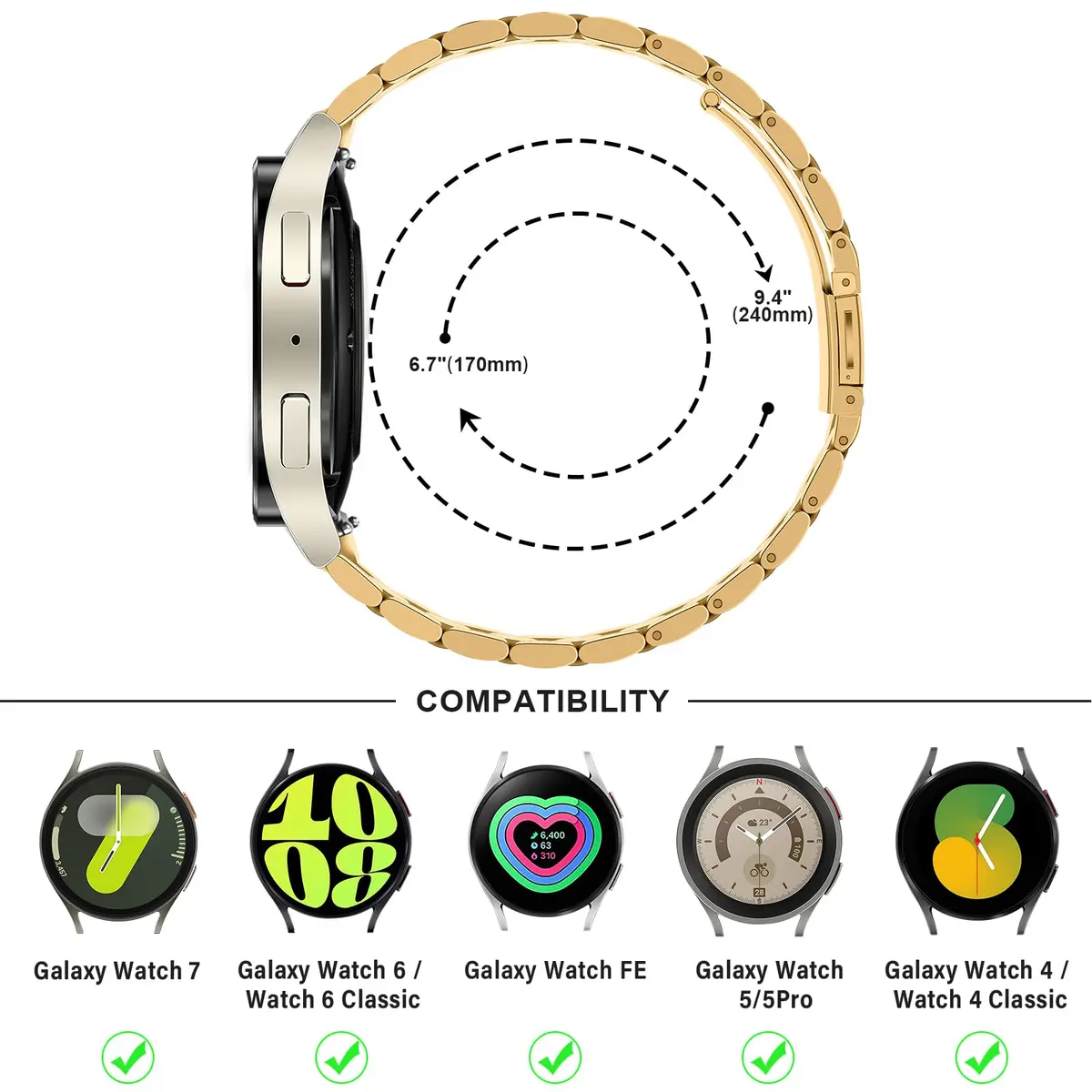Anlinser Gold Stainless Steel Metal Band for Samsung Galaxy Watch 7/6/5/4 40mm 44mm 47mm 43mm 45mm 46mm | Compatible with 20mm Smartwatches - view 5