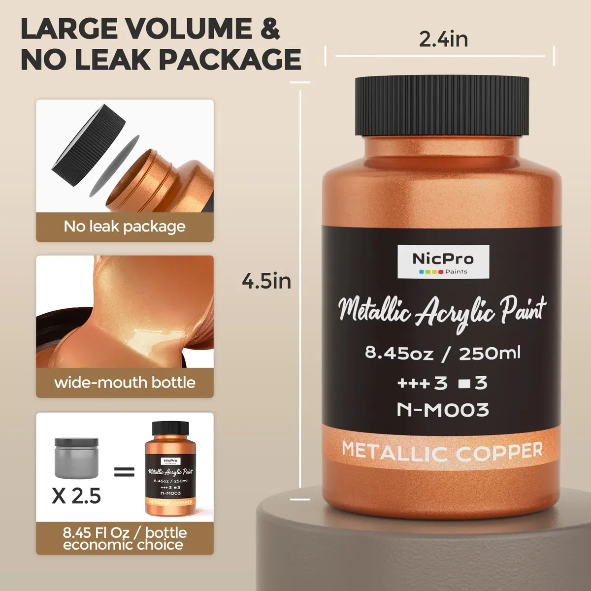 Nicpro Metallic Copper Acrylic Paint 8.45oz (250ml) | Non Toxic, Gloss Finish for Art & Crafts - view 8