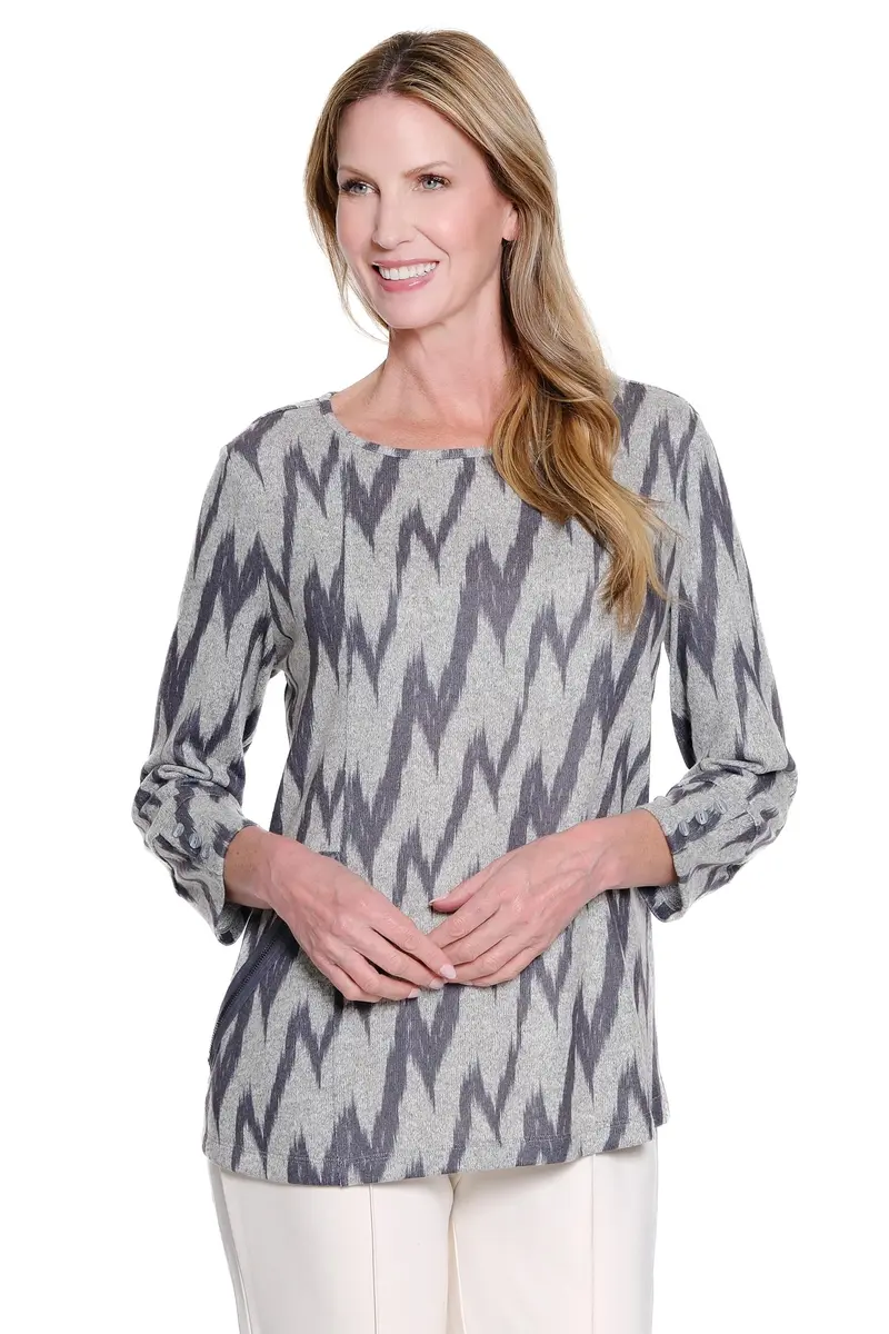 MULTIPLES Women's Tunic 1X | Grey Print Dressy & Casual, Scoop Neck, 3/4 Sleeve, Zip Pocket (70-120c) - main product image