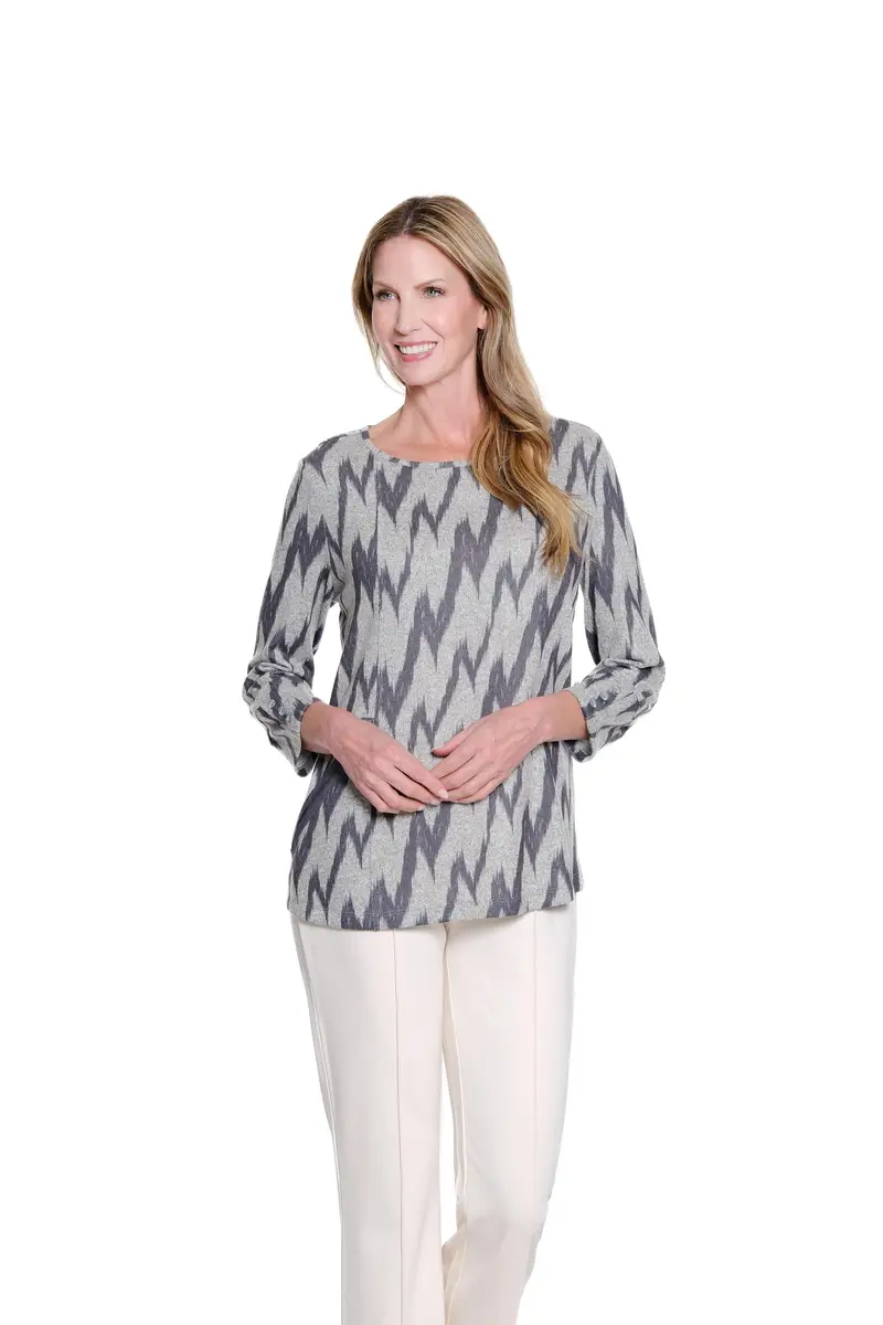 MULTIPLES Women's Tunic 1X | Grey Print Dressy & Casual, Scoop Neck, 3/4 Sleeve, Zip Pocket (70-120c) - view 2