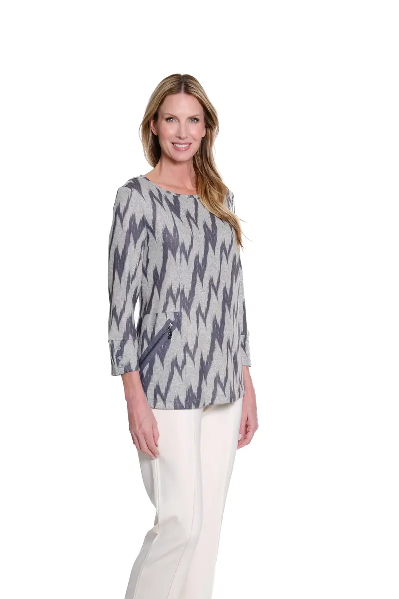 MULTIPLES Women's Tunic 1X | Grey Print Dressy & Casual, Scoop Neck, 3/4 Sleeve, Zip Pocket (70-120c) - view 3
