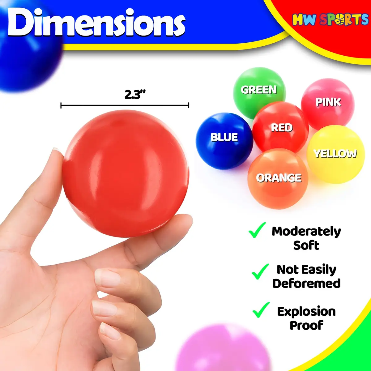 MW SPORTS Play Balls for Kids & Toddlers | Bright Colors, 2.3 Inch Diameter, Safe Plastic (100 Balls) - view 2