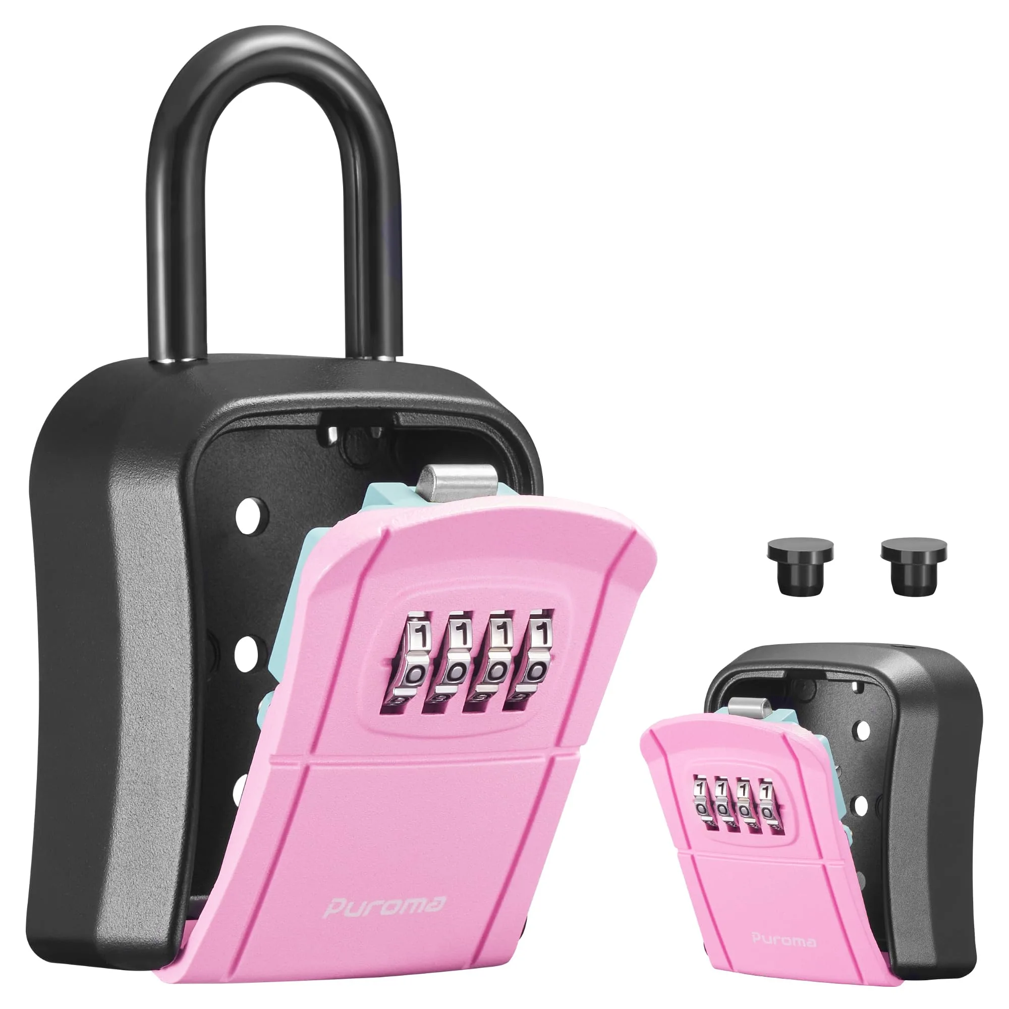 Puroma Portable Key Lock Box with Shackle & Wall Mount, Resettable 4-Digit Code Safe Security Lockbox for House Keys (1 Pack, Pink) - main product image