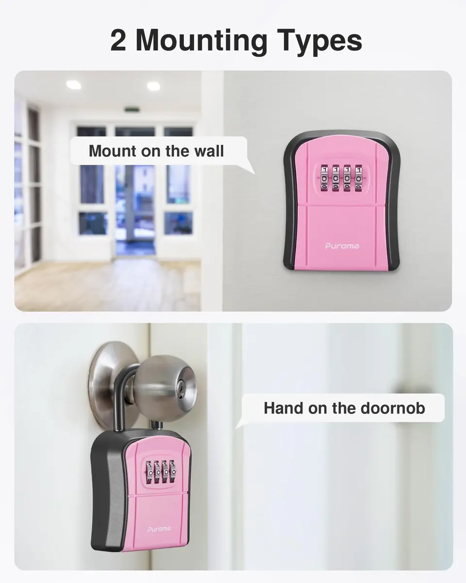 Puroma Portable Key Lock Box with Shackle & Wall Mount, Resettable 4-Digit Code Safe Security Lockbox for House Keys (1 Pack, Pink) - view 5