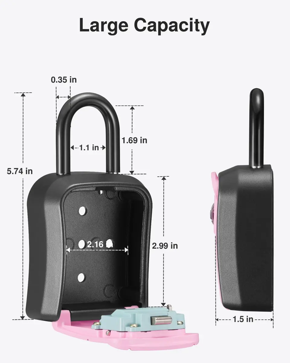 Puroma Portable Key Lock Box with Shackle & Wall Mount, Resettable 4-Digit Code Safe Security Lockbox for House Keys (1 Pack, Pink) - view 6