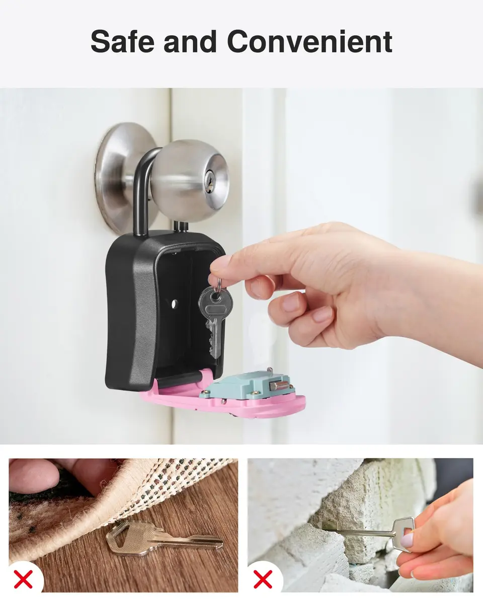 Puroma Portable Key Lock Box with Shackle & Wall Mount, Resettable 4-Digit Code Safe Security Lockbox for House Keys (1 Pack, Pink) - view 7
