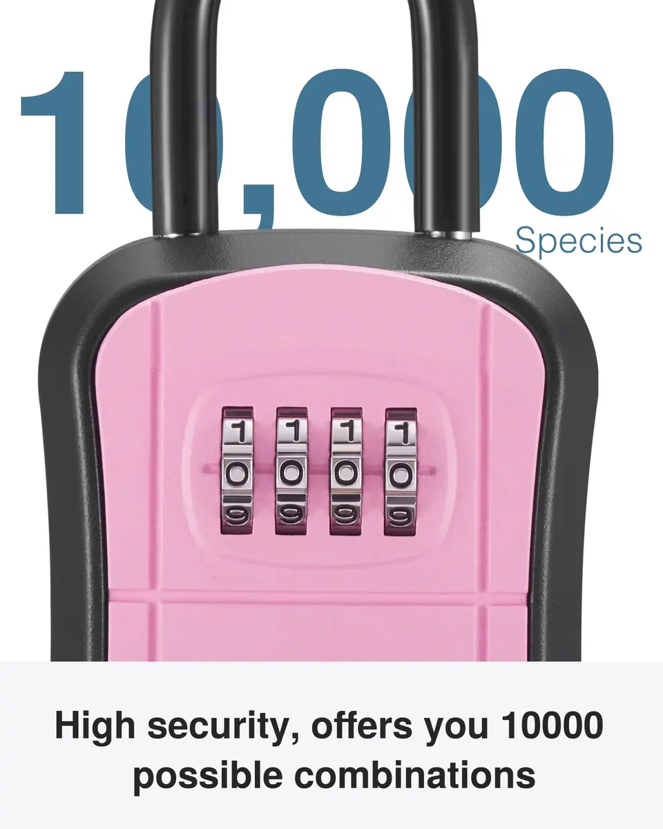 Puroma Portable Key Lock Box with Shackle & Wall Mount, Resettable 4-Digit Code Safe Security Lockbox for House Keys (1 Pack, Pink) - view 2