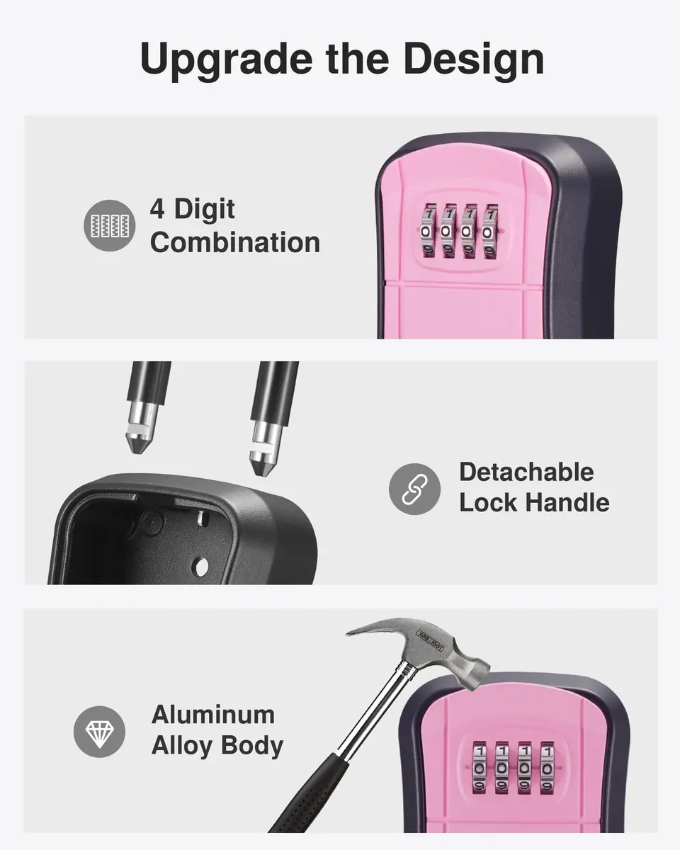 Puroma Portable Key Lock Box with Shackle & Wall Mount, Resettable 4-Digit Code Safe Security Lockbox for House Keys (1 Pack, Pink) - view 4