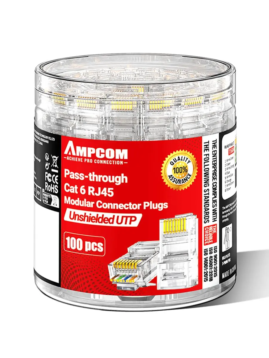 AMPCOM CAT6 RJ45 Pass-Through Connectors 100-Pack | Gold-Plated, 23-26AWG, Unshielded, for Custom Patch Cables - main product image