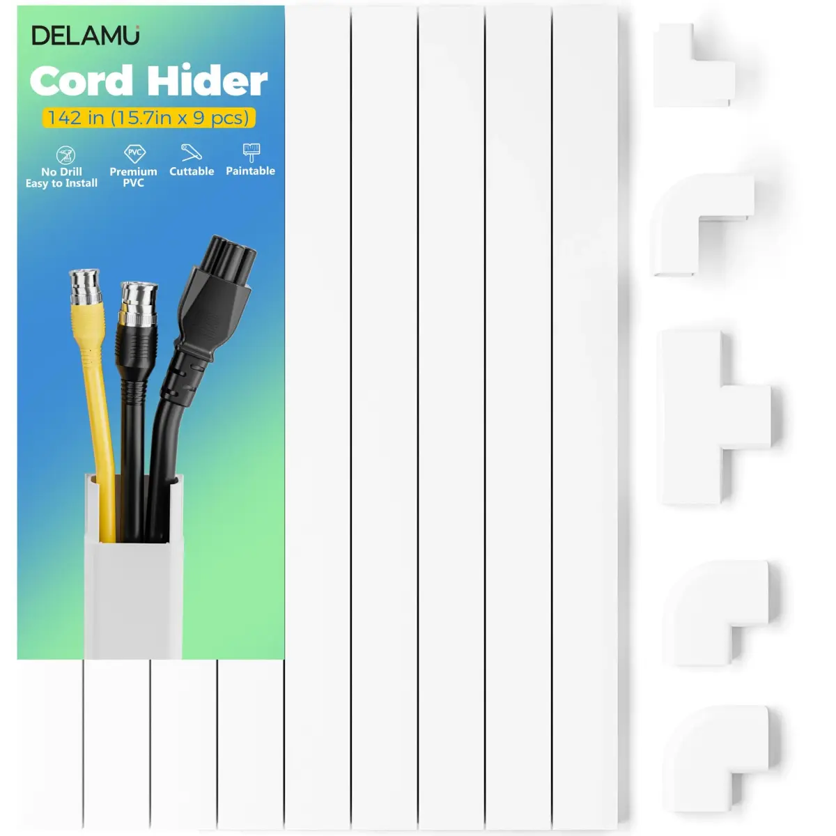 Delamu White Cable Raceways Kit 325cm (142in) | Paintable Cord Hider for Wall Mounted TVs - main product image