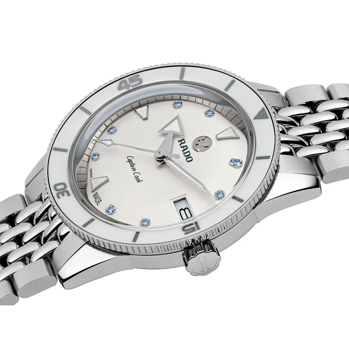 Rado Captain Cook Women's Automatic Swiss Watch 37mm White Dial with Date Grey Stainless Steel Bracelet - view 2