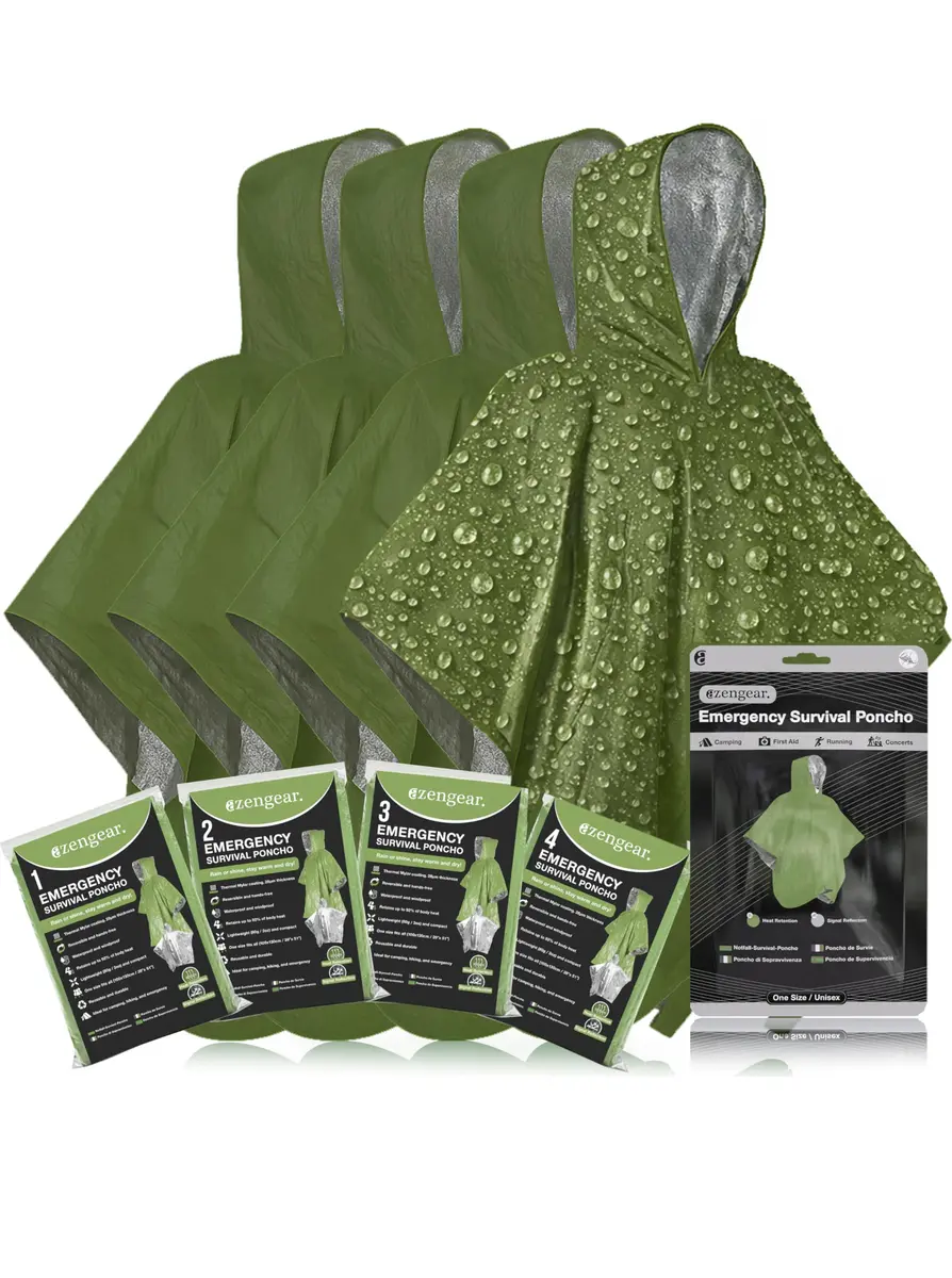 aZengear Emergency Survival Foil Poncho 4 Pack | Thermal Mylar Green Hooded Poncho for Camping & Hiking - main product image
