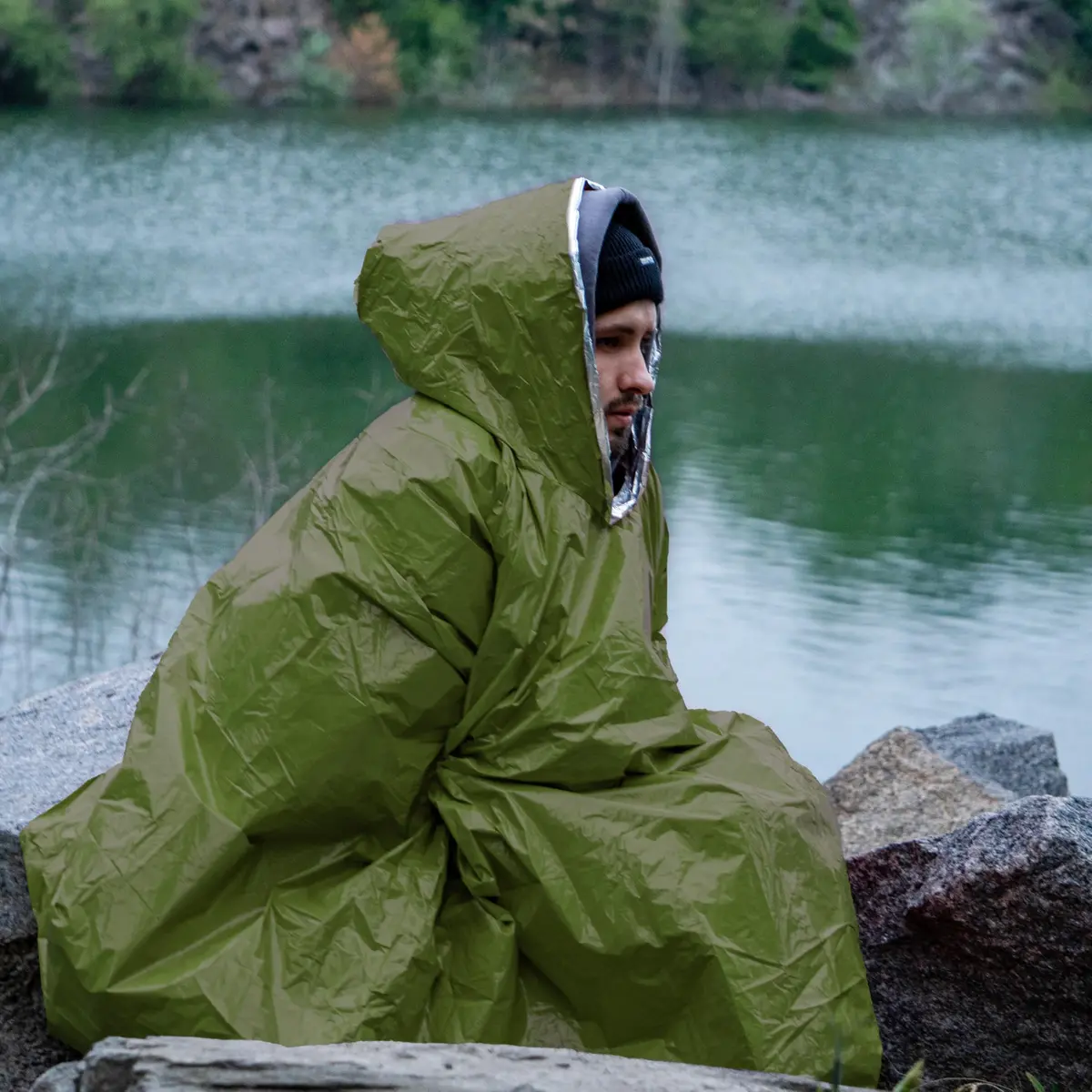aZengear Emergency Survival Foil Poncho 4 Pack | Thermal Mylar Green Hooded Poncho for Camping & Hiking - view 7