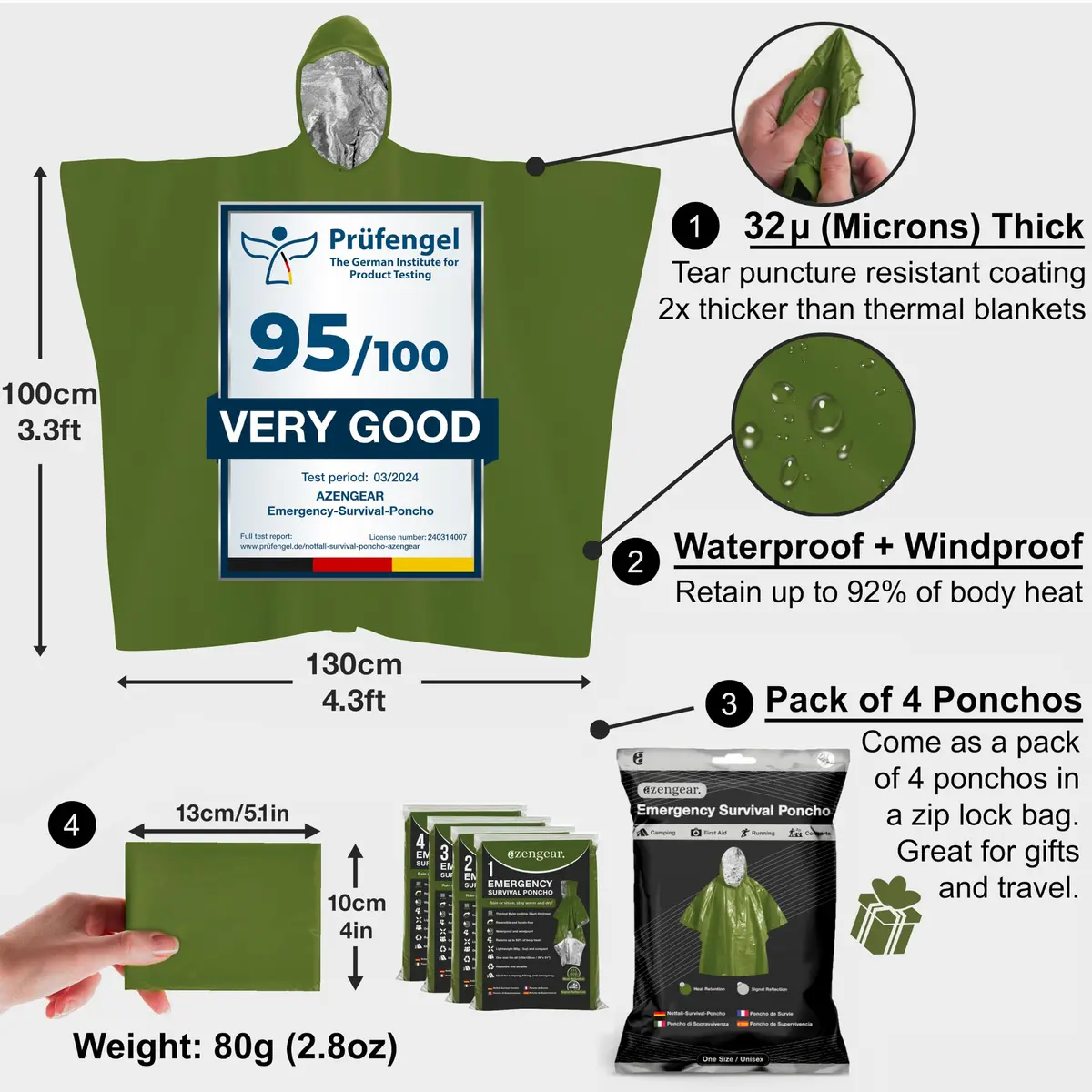 aZengear Emergency Survival Foil Poncho 4 Pack | Thermal Mylar Green Hooded Poncho for Camping & Hiking - view 2