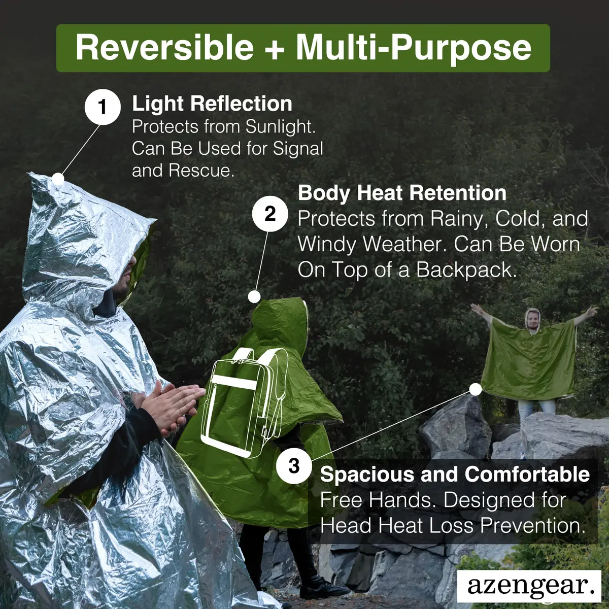 aZengear Emergency Survival Foil Poncho 4 Pack | Thermal Mylar Green Hooded Poncho for Camping & Hiking - view 3
