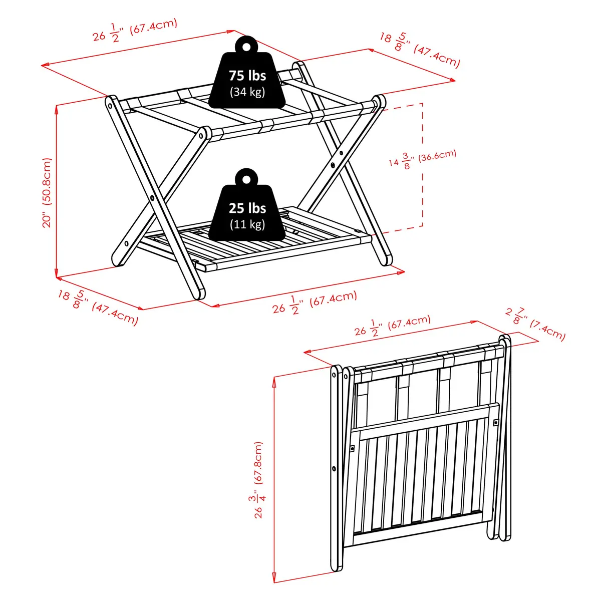 Winsome Reese Luggage Rack with Shelf | Foldable Solid Wood Guest Room Organizer - view 6