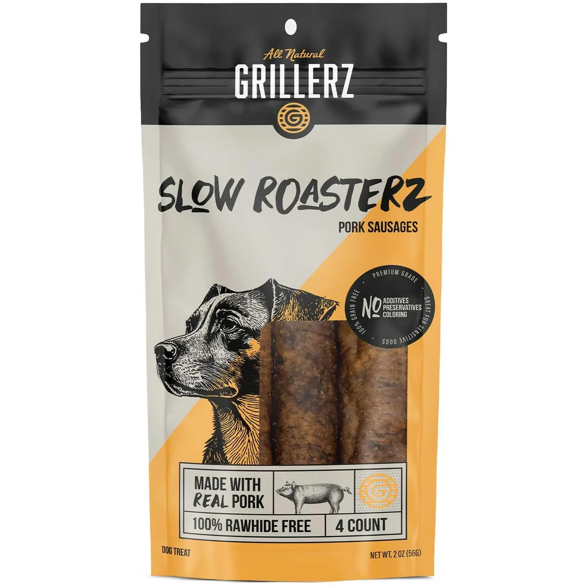 Grillerz Slow Roasterz Pork Sausages 4 Count | Rawhide-Free, High-Protein Dog Chews - main product image