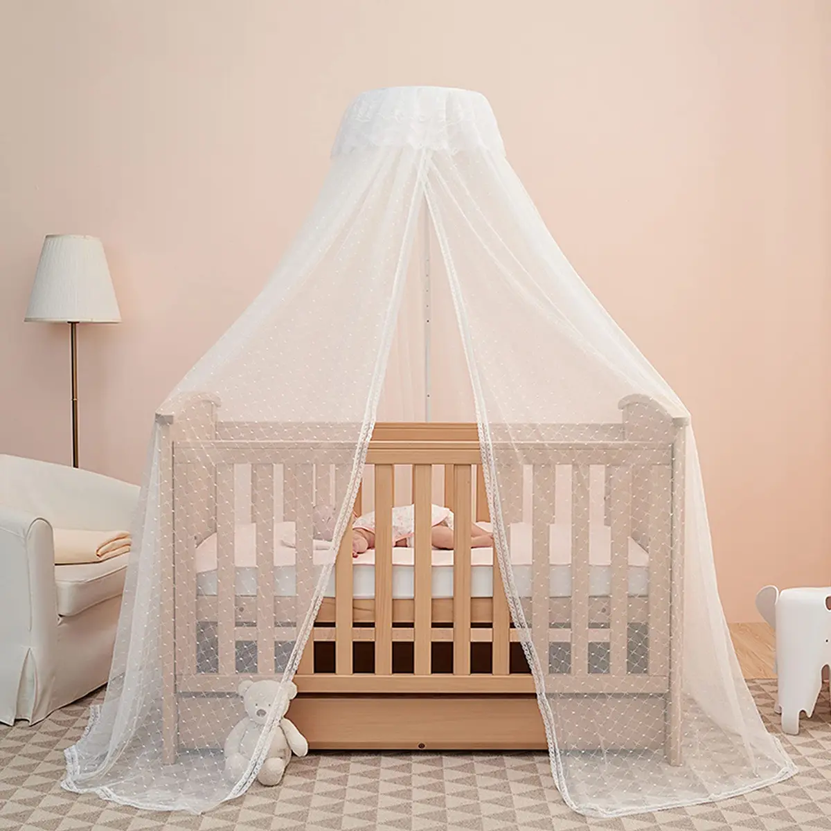 HanYun White Baby Crib Canopy with Stand Rod | Breathable Mesh for Nursery & Outdoor Decor - main product image