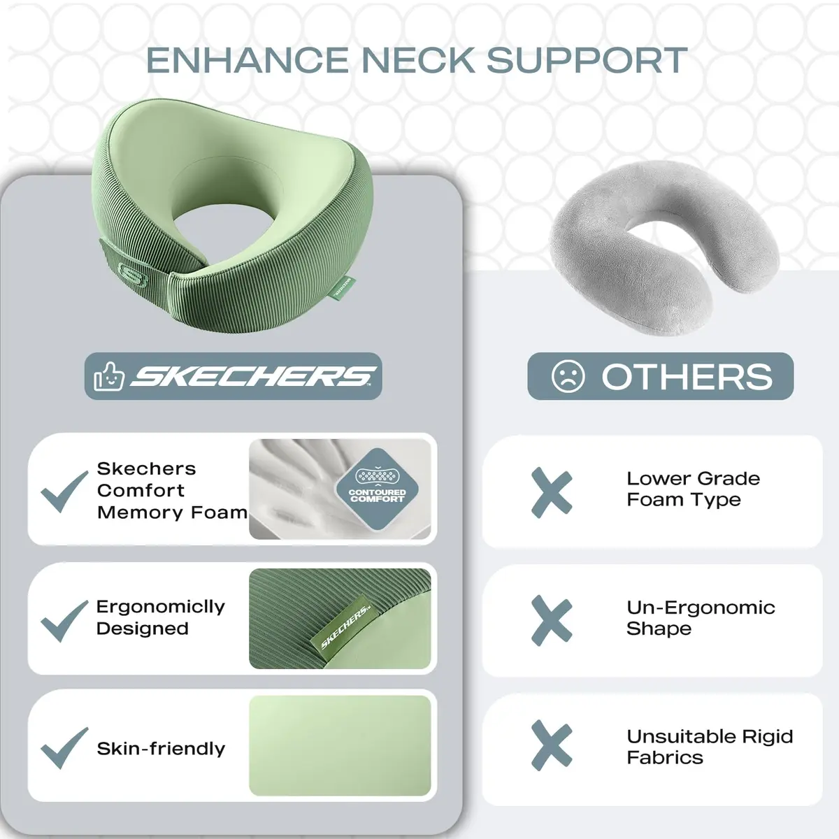 Skechers Memory Foam Neck Pillow | Breathable & Ergonomic Travel Support for Men & Women, Green - view 6