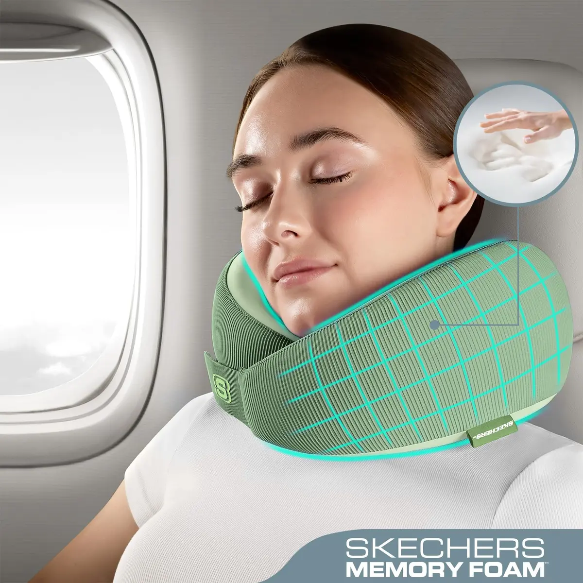 Skechers Memory Foam Neck Pillow | Breathable & Ergonomic Travel Support for Men & Women, Green - view 2