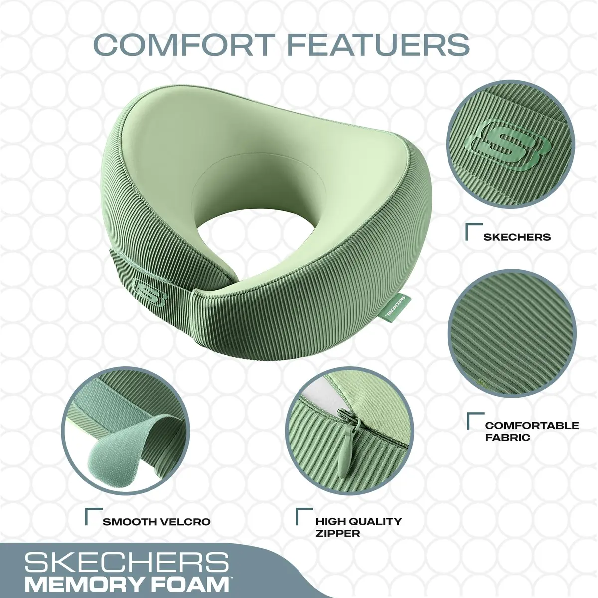 Skechers Memory Foam Neck Pillow | Breathable & Ergonomic Travel Support for Men & Women, Green - view 3