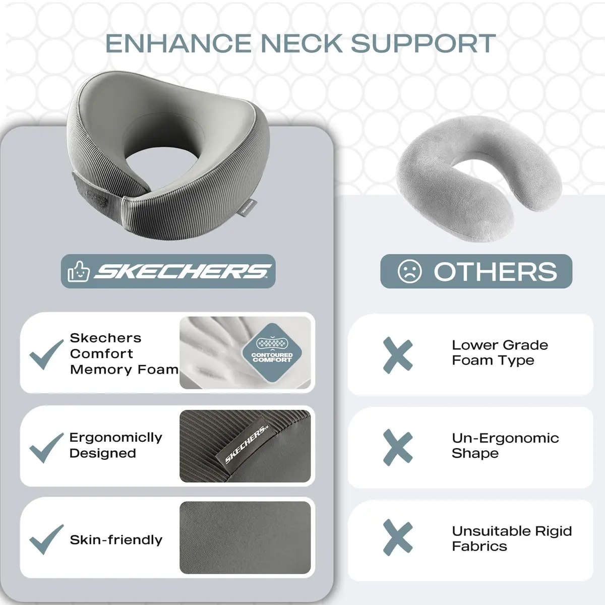 Skechers Memory Foam Neck Pillow Grey | Breathable & Ergonomic Travel Support - view 6