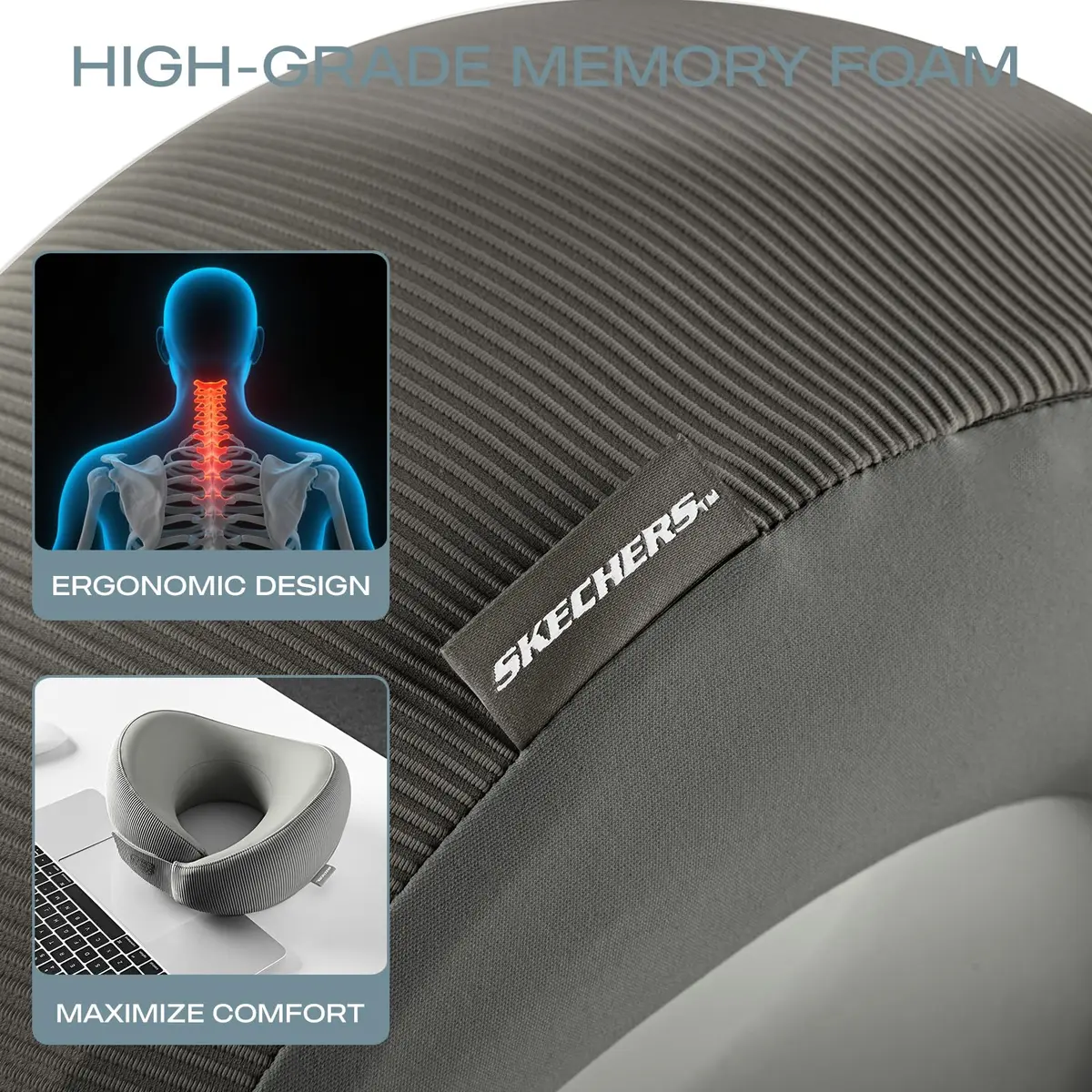 Skechers Memory Foam Neck Pillow Grey | Breathable & Ergonomic Travel Support - view 8