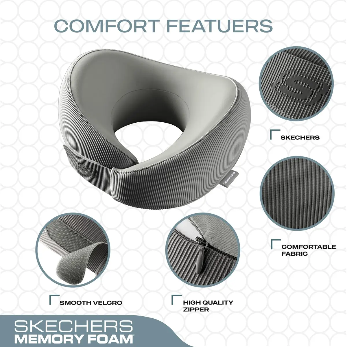 Skechers Memory Foam Neck Pillow Grey | Breathable & Ergonomic Travel Support - view 3